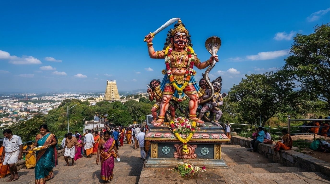 The towering statue of the buffalo demon Mahishasura at the Chamundi summit