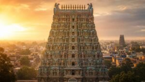 The south gopuram of the Meenakshi Amman temple, Madurai, at dawn