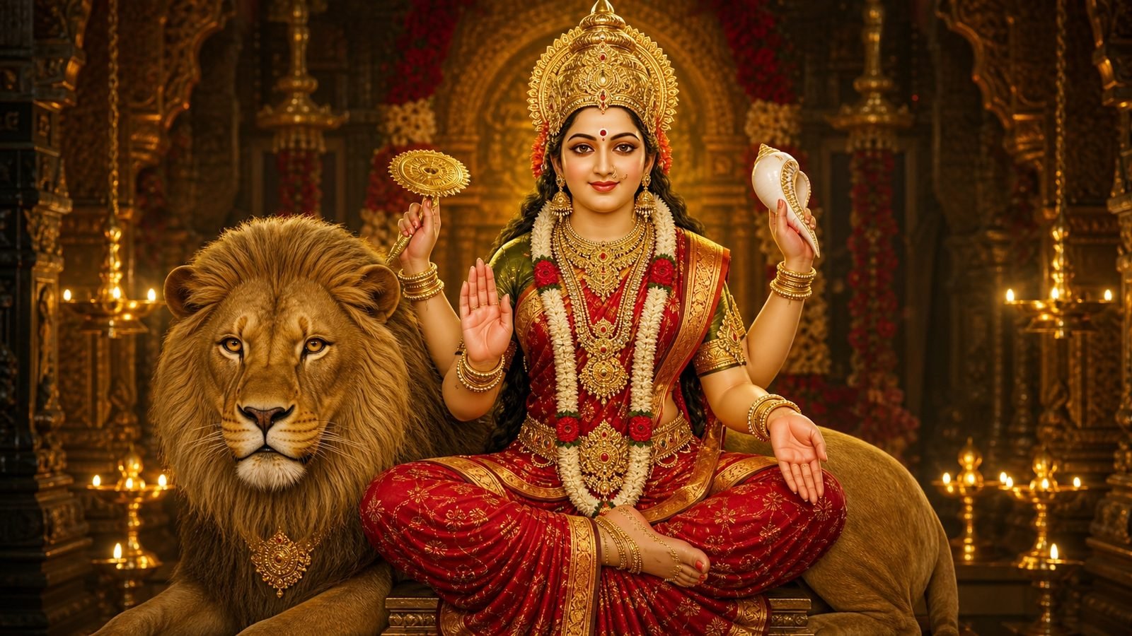 Goddess Mookambika, four-armed, bearing conch and discus