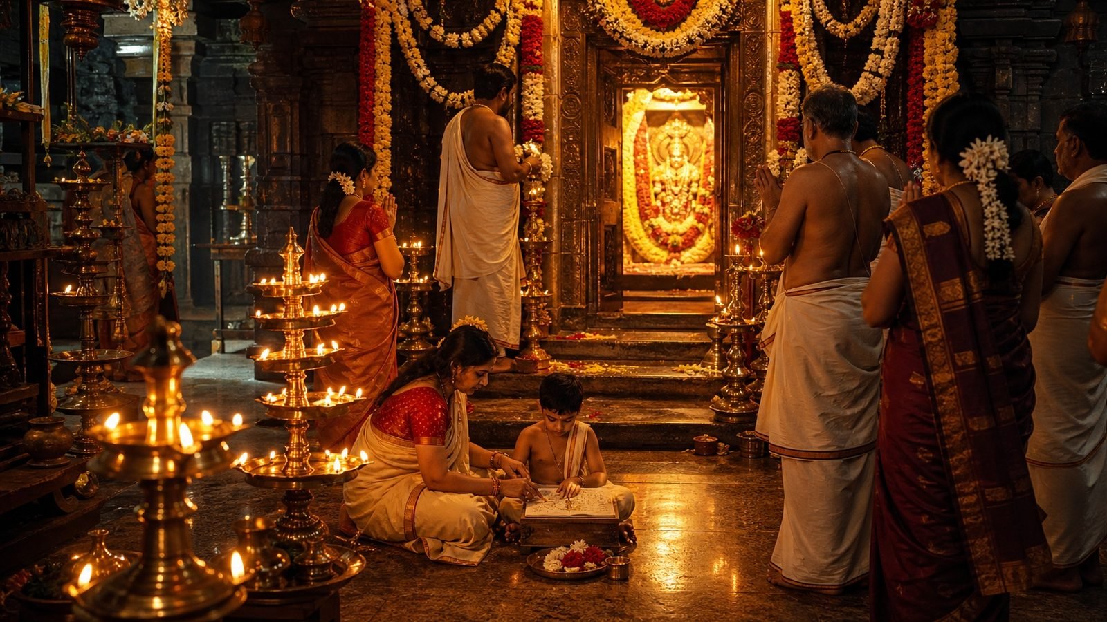 Vidyarambham, the first-writing ceremony, at the Mookambika temple
