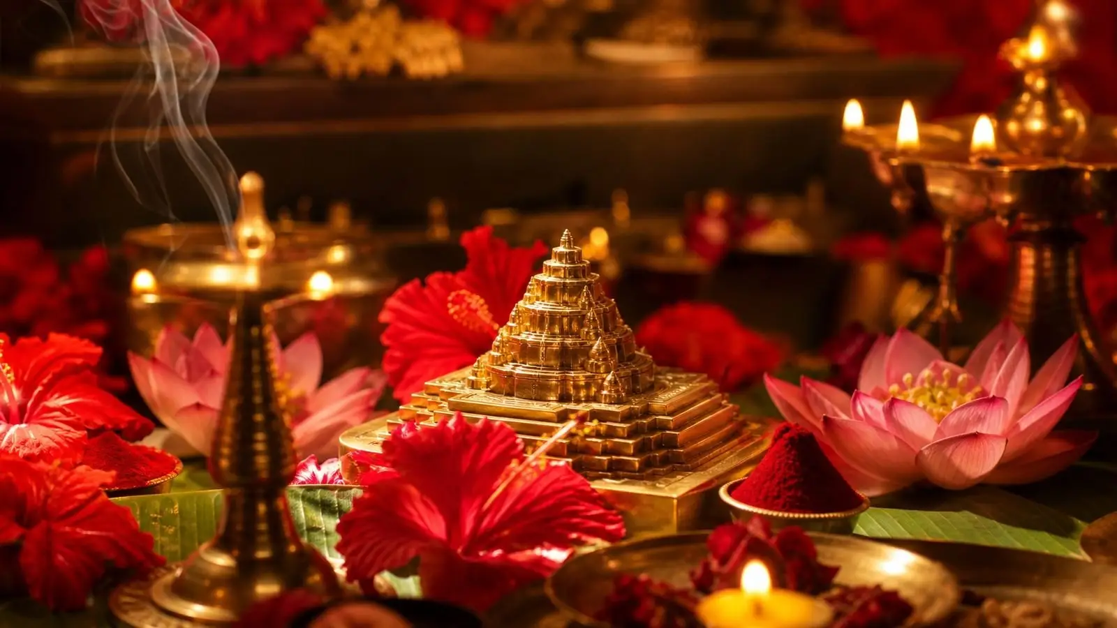 A Sri Meru chakra and oil lamps arranged on a Navaratri altar for Devi worship