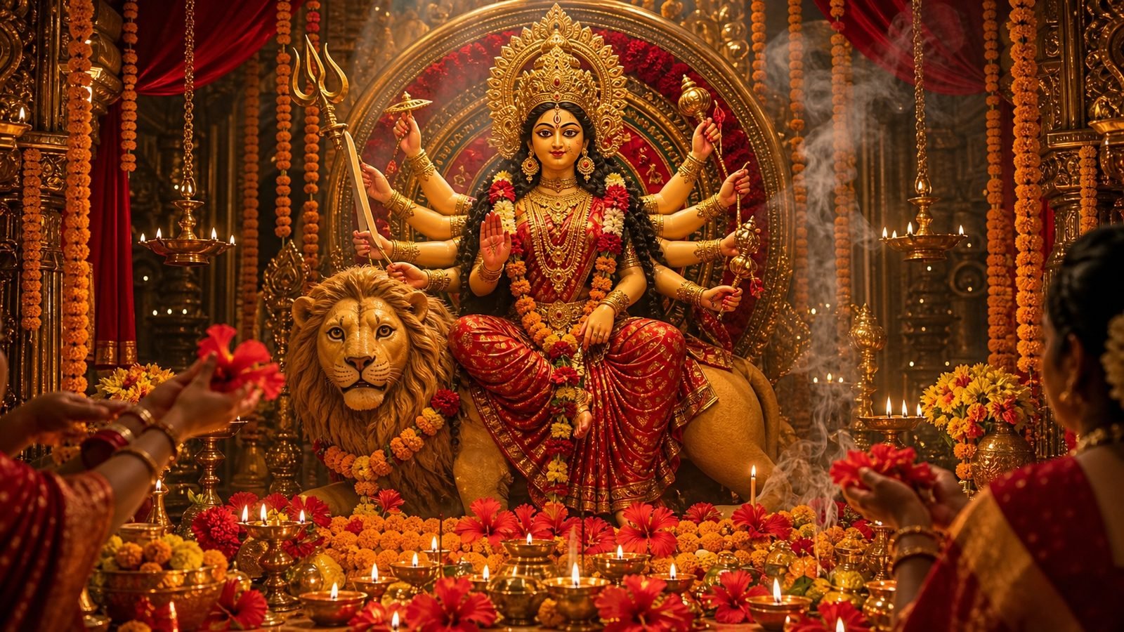 A Navratri shrine of Goddess Durga riding her lion, adorned for the festival