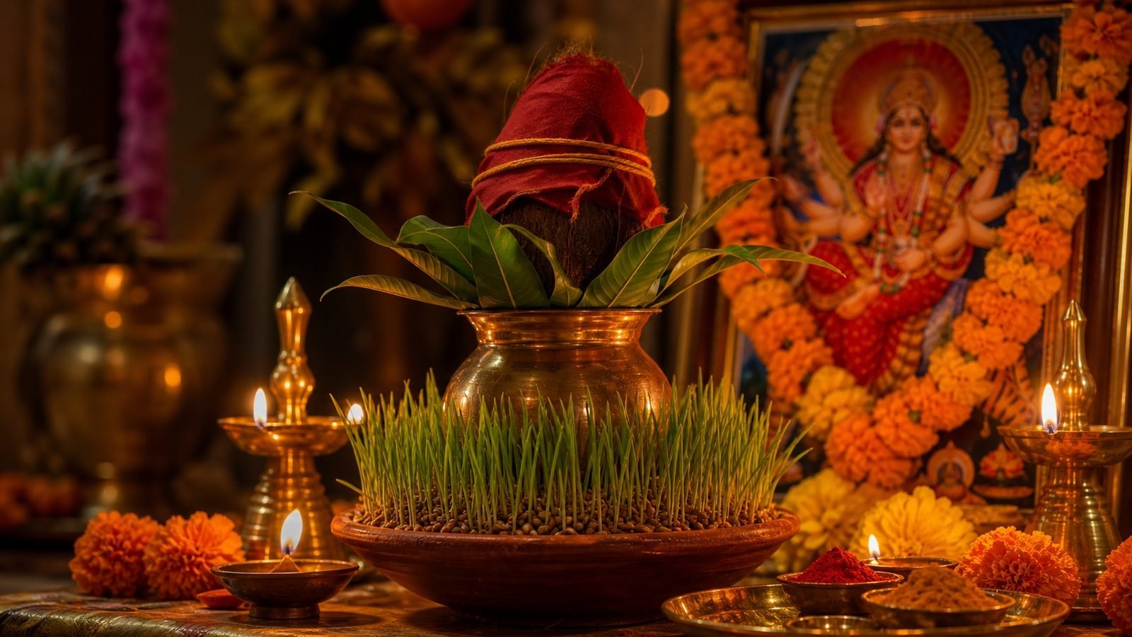 A Ghatasthapana altar at dawn with the brass kalash that opens Navratri