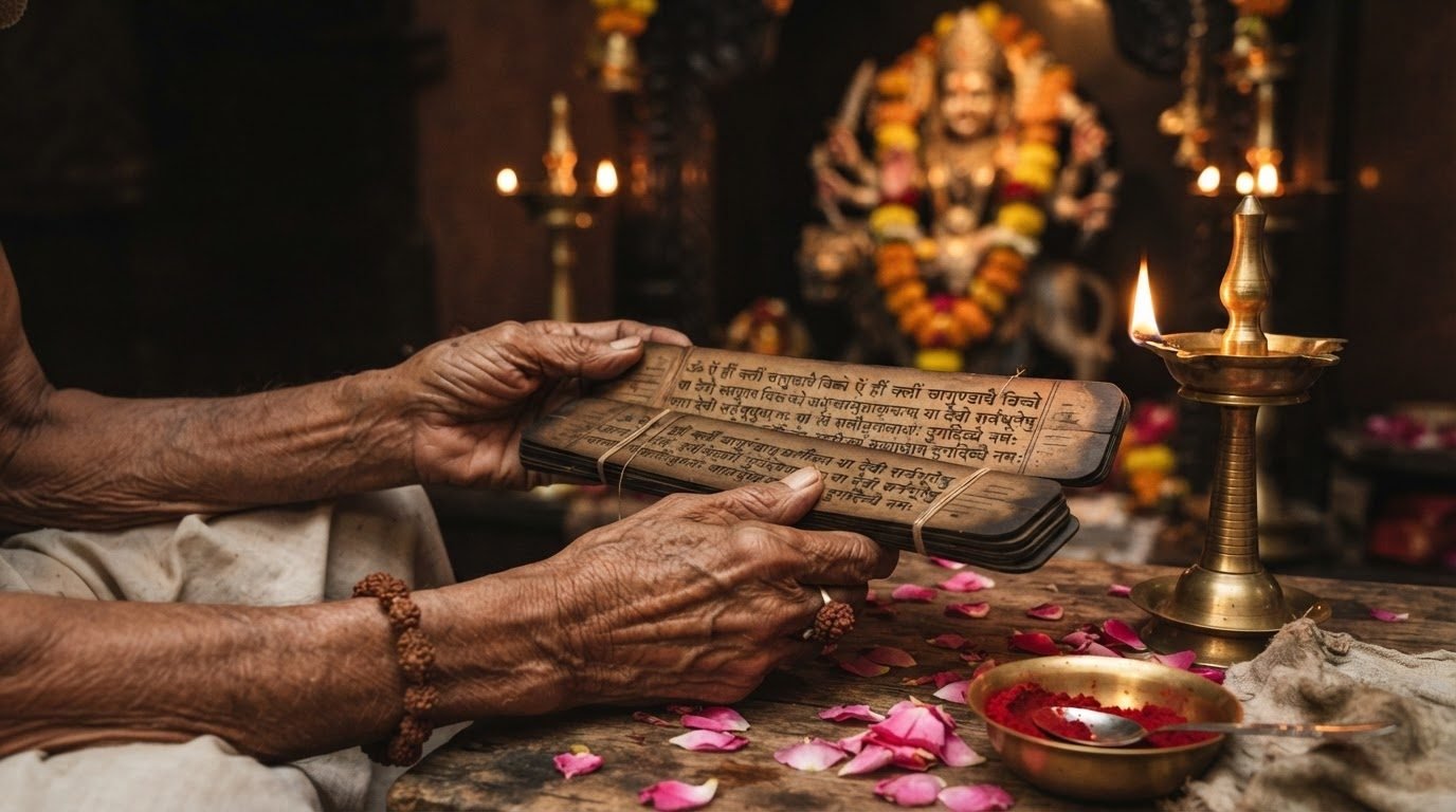 An ola-leaf manuscript held before an oil lamp