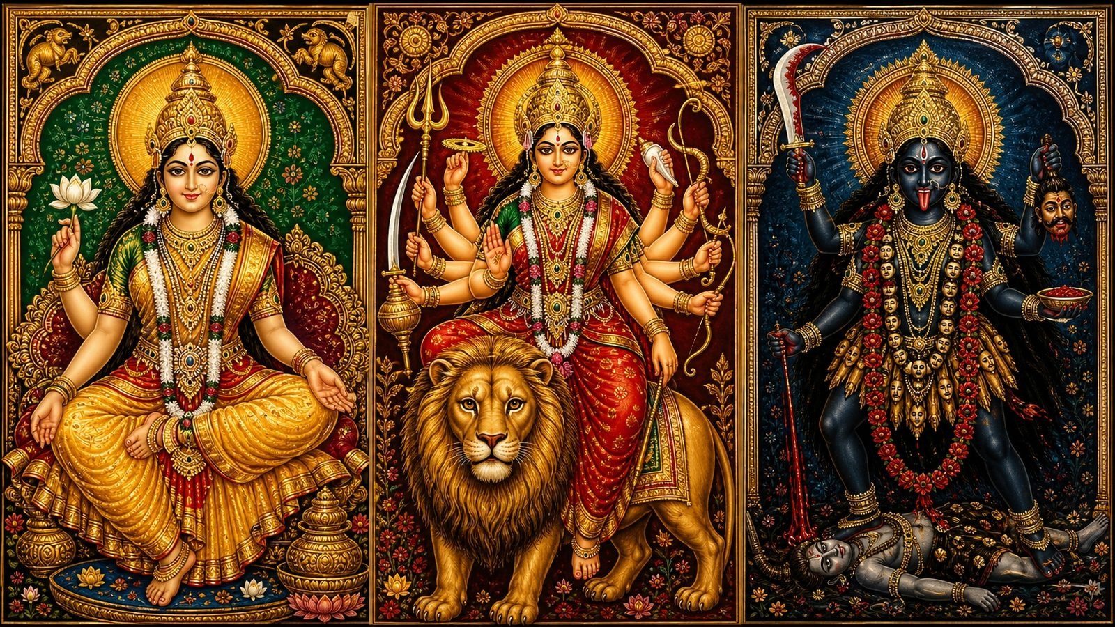 Triptych of Parvati, Durga and Kali - three forms of the one Shakti