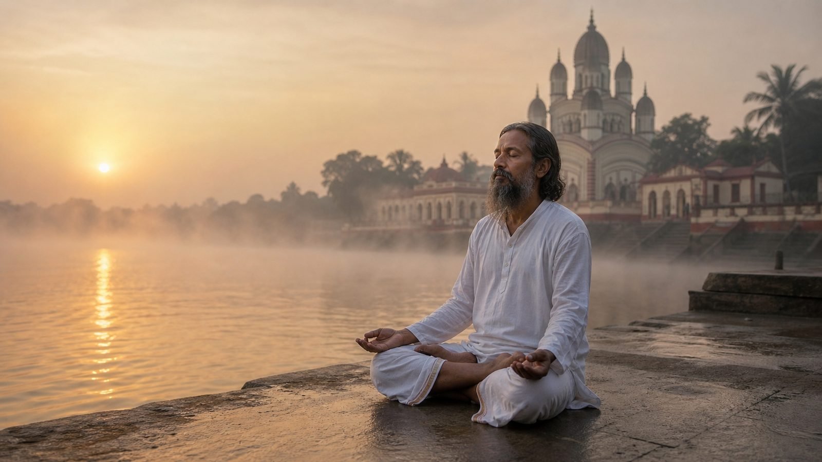 A Bengali holy man in white cloth seated in meditation at Dakshineswar