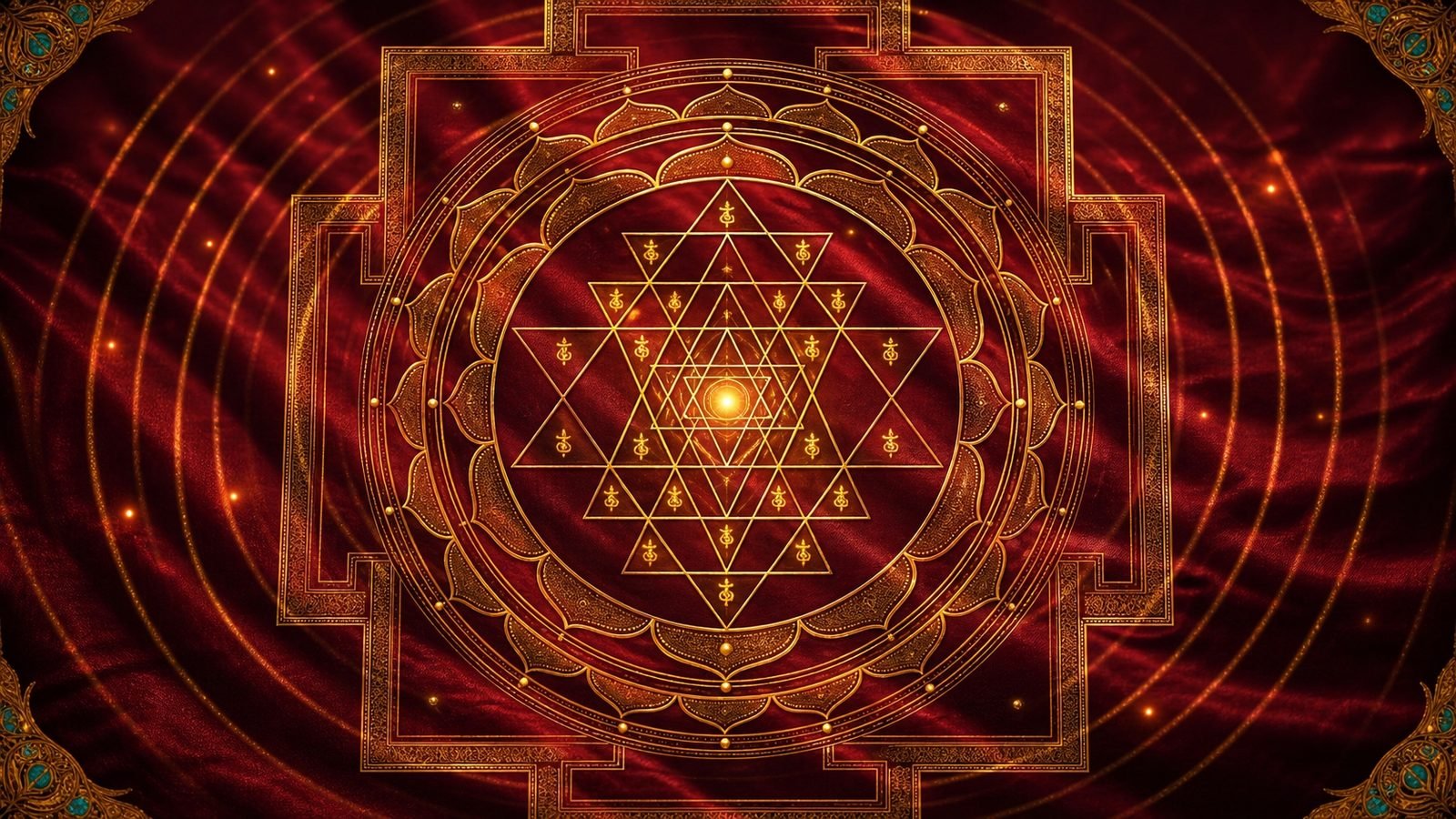 The Sri Yantra vibrating with the seed syllables of the Devi