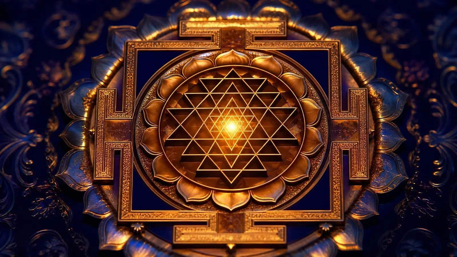 The Sri Yantra or Sri Chakra sacred geometry glowing in gold, the yantra of Lalita Tripura Sundari