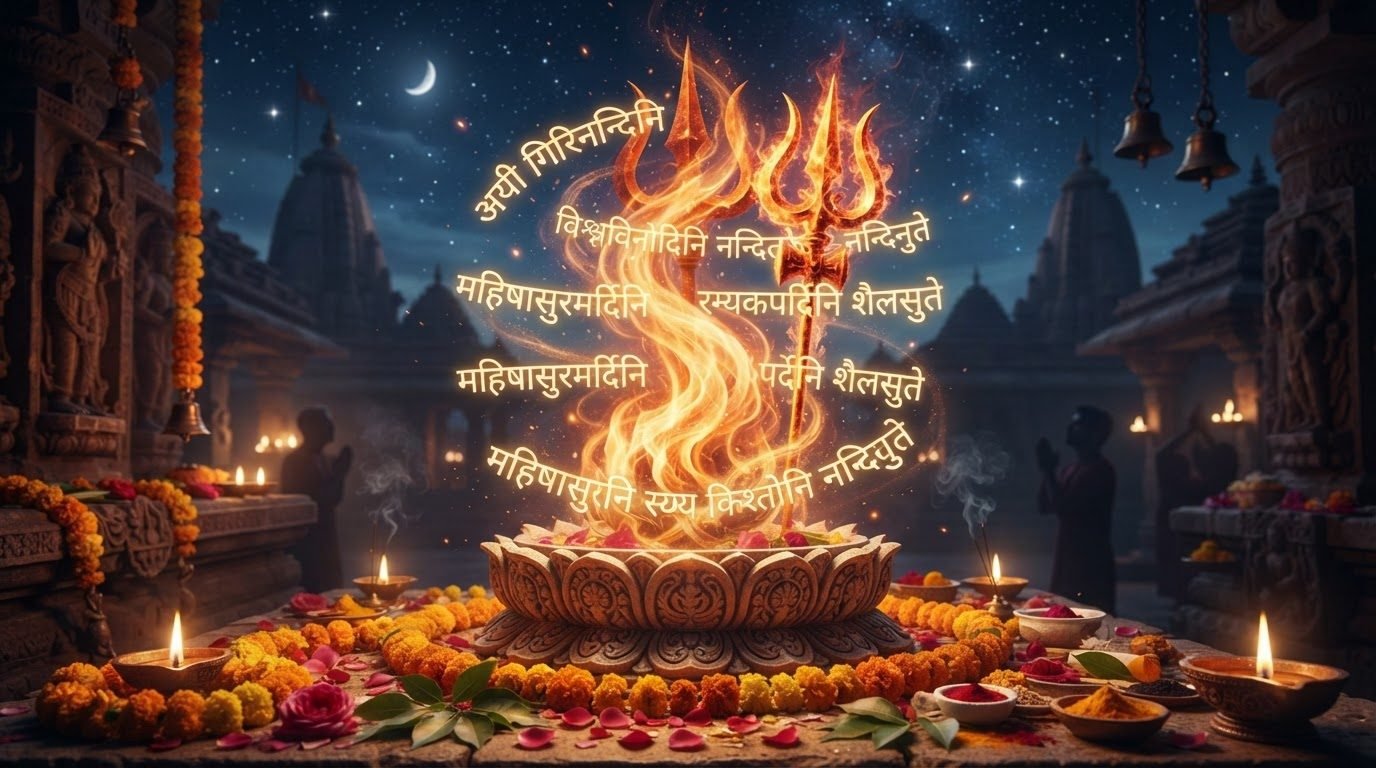 The Goddess arising from sacred flame, trishul in hand