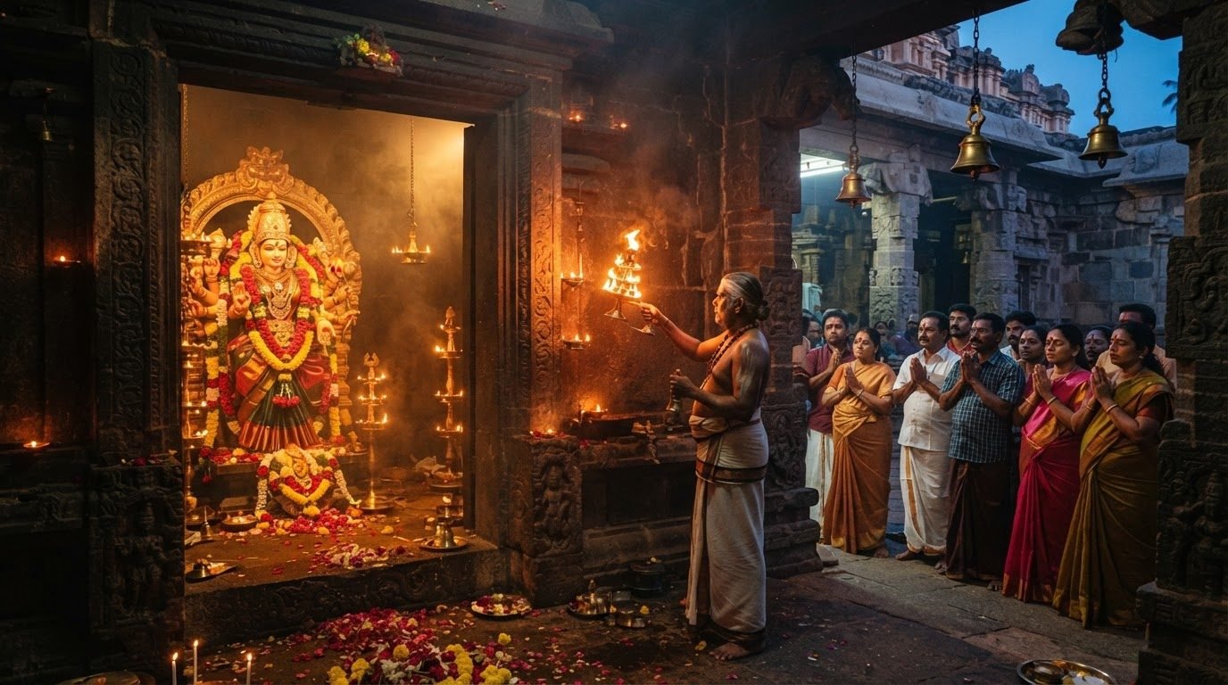 Devotees at darshan before Mahishasura Mardini in the temple sanctum