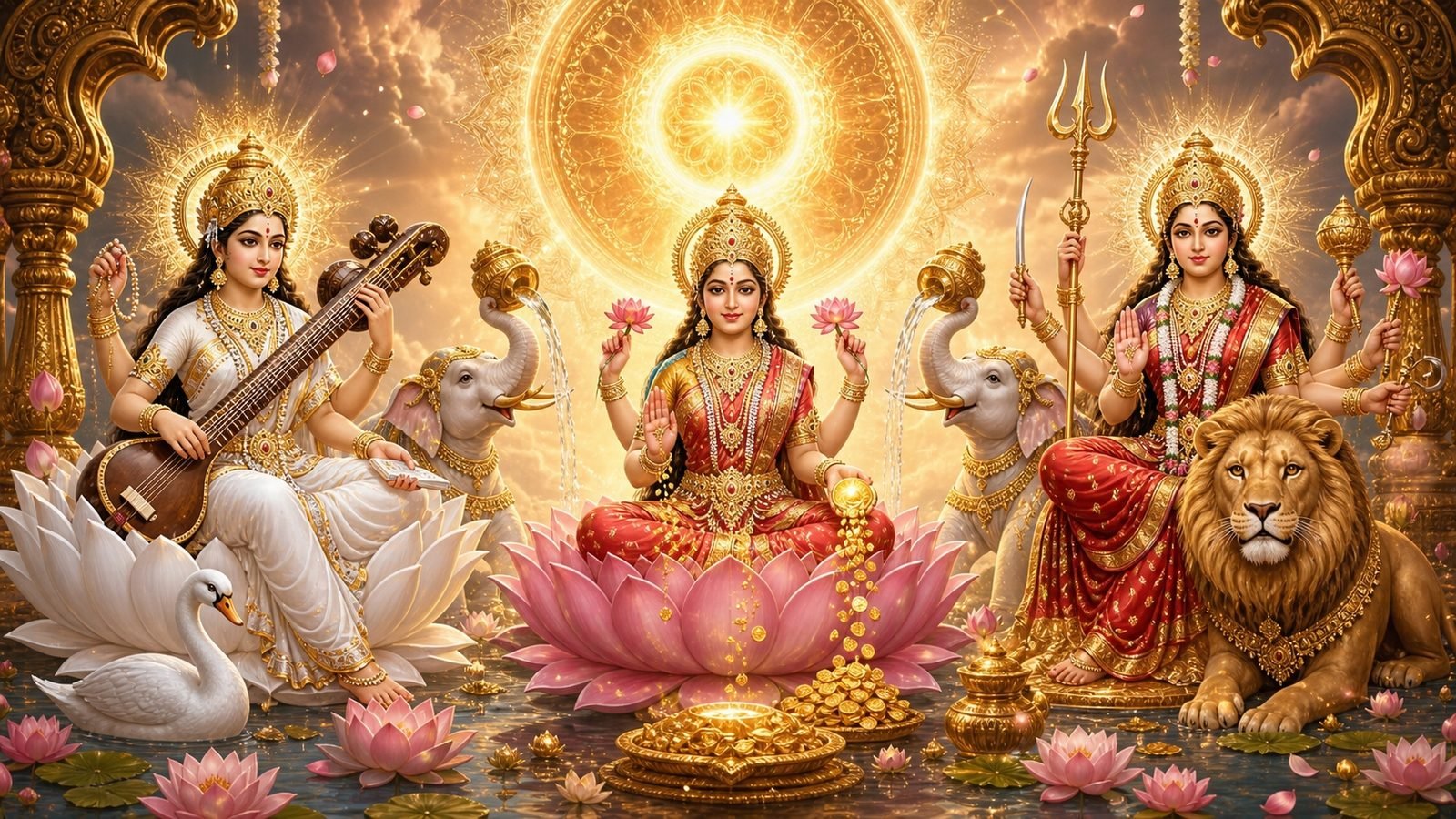 The Tridevi - Saraswati, Lakshmi and Parvati, the three great goddesses