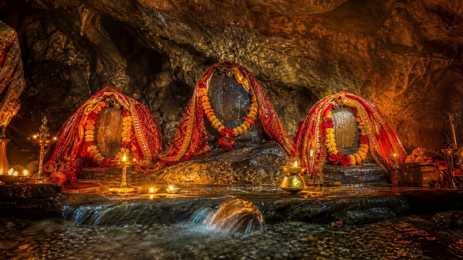 The three pindis in the holy cave shrine of Vaishno Devi