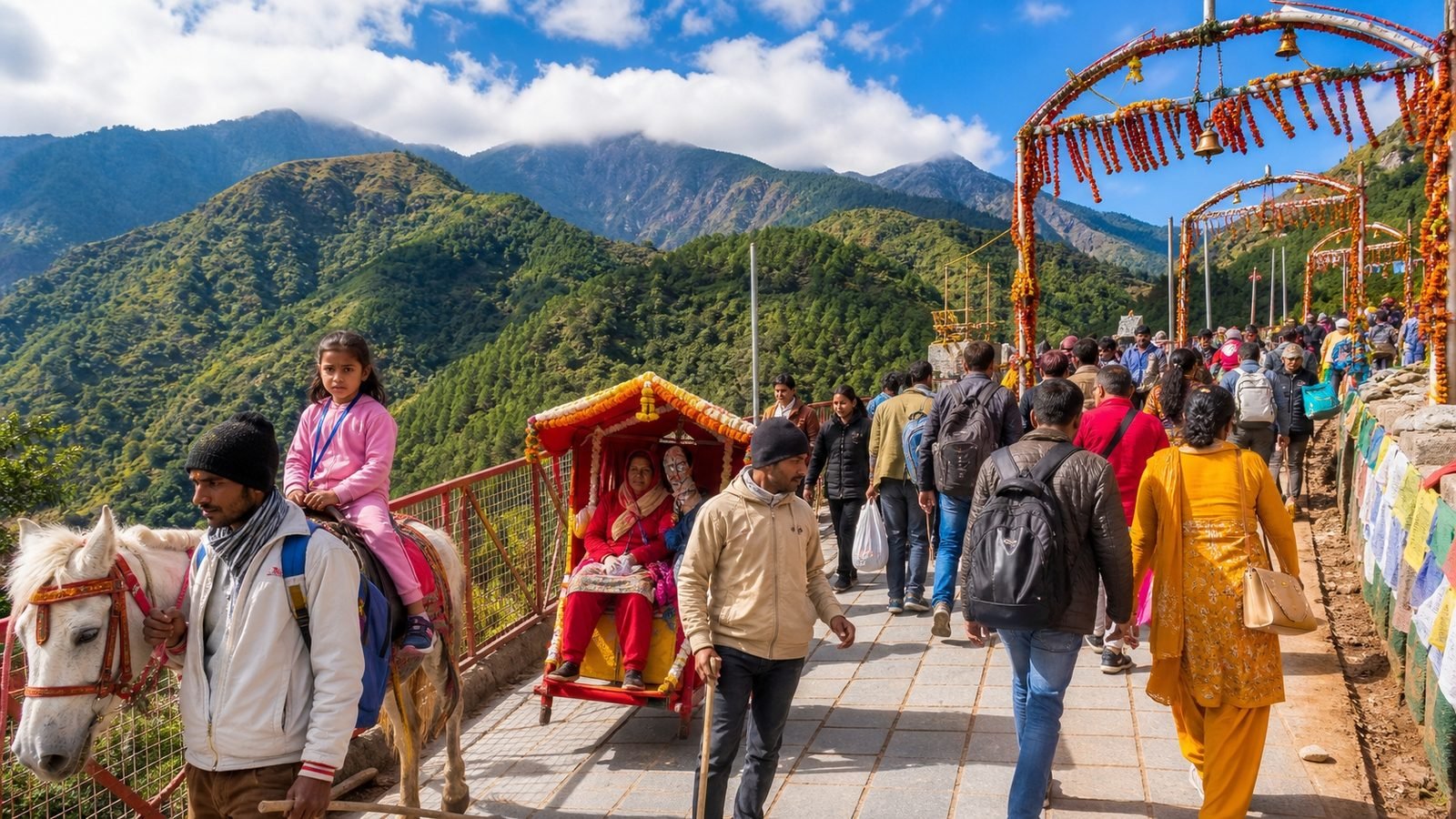 Pilgrims climbing the mountain path on the Vaishno Devi yatra