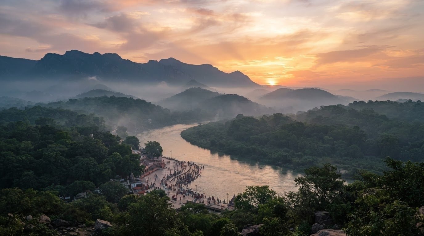 Sunrise over the Ganga at Vindhyachal, where the Kajari folk songs are sung