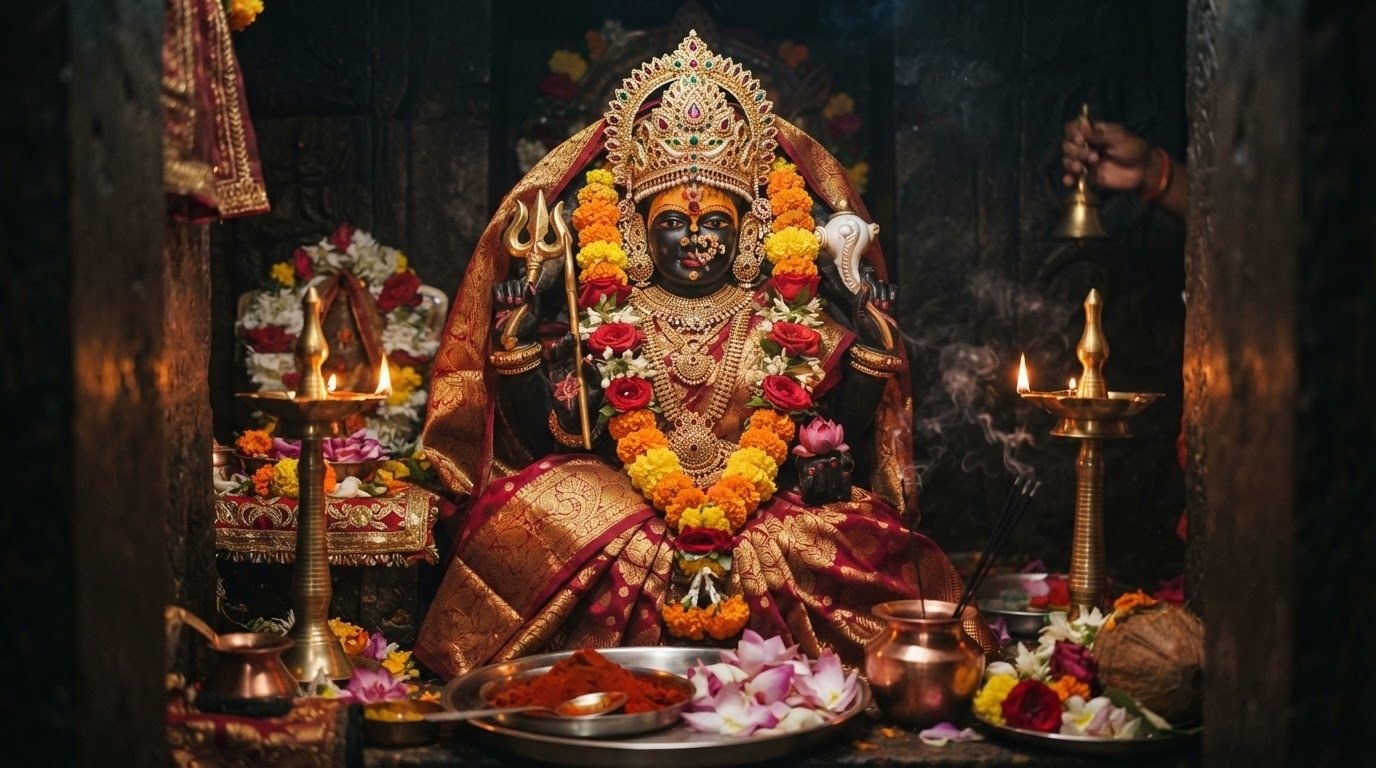 The murti of Goddess Vindhyavasini in the sanctum at Vindhyachal