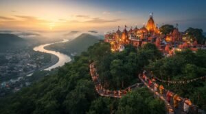 Vindhyavasini Devi Temple at Vindhyachal at dawn, with the Ganga and the Vindhya hills