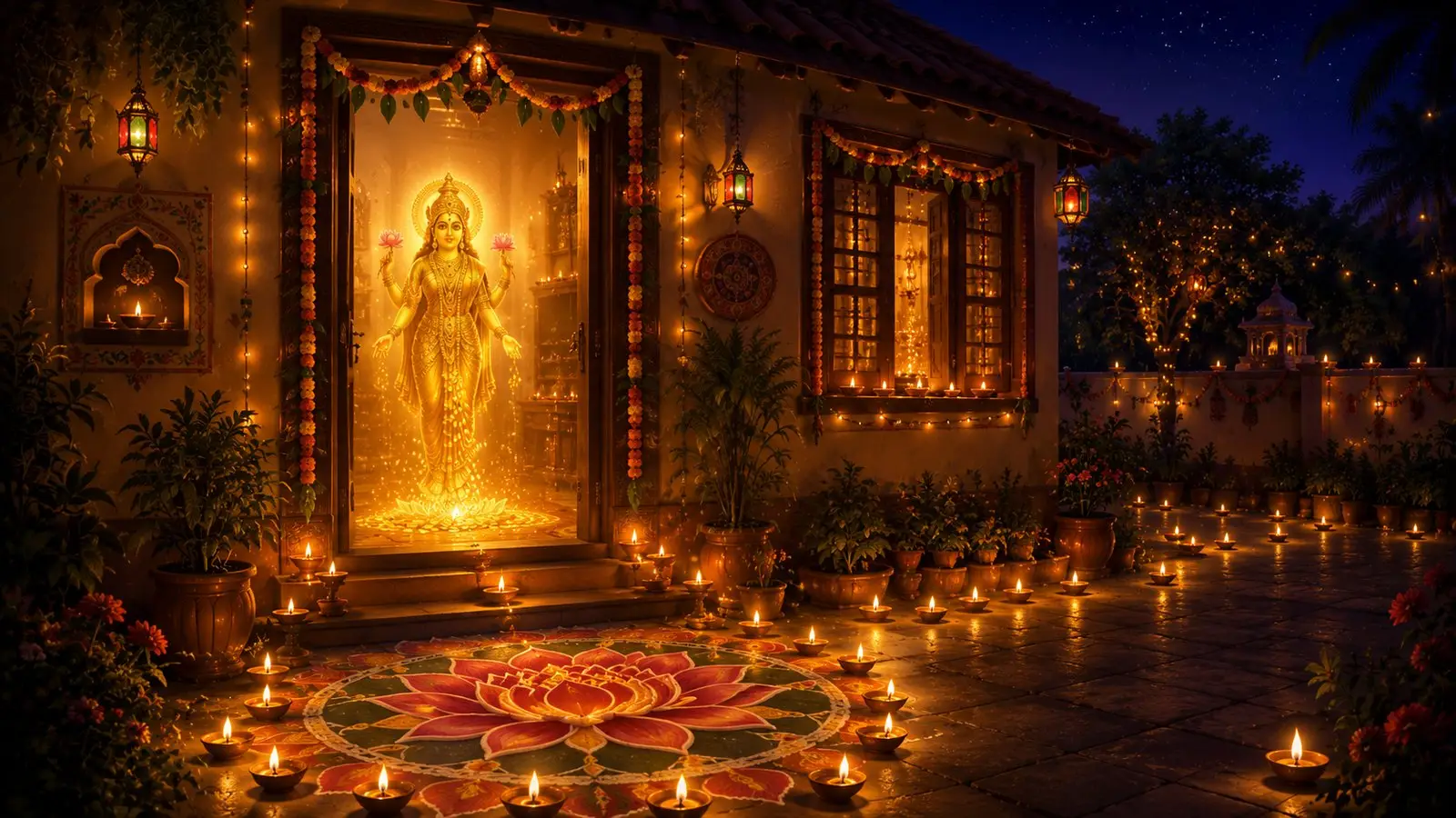 Indian home doorway glowing with Goddess Lakshmi, rows of diyas and a lotus rangoli on Diwali night