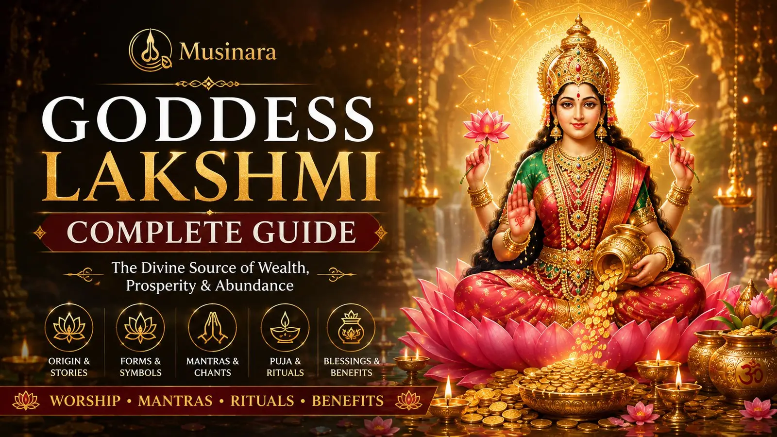Goddess Lakshmi seated on a lotus with gold coins - complete guide to worship, mantras and rituals