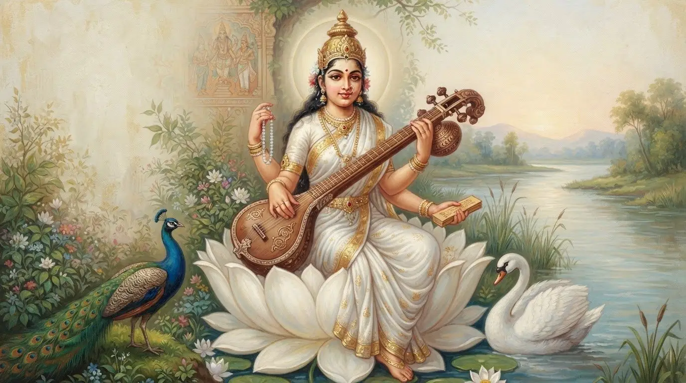 Goddess Saraswati, deity of knowledge, music and the arts - divine portrait.