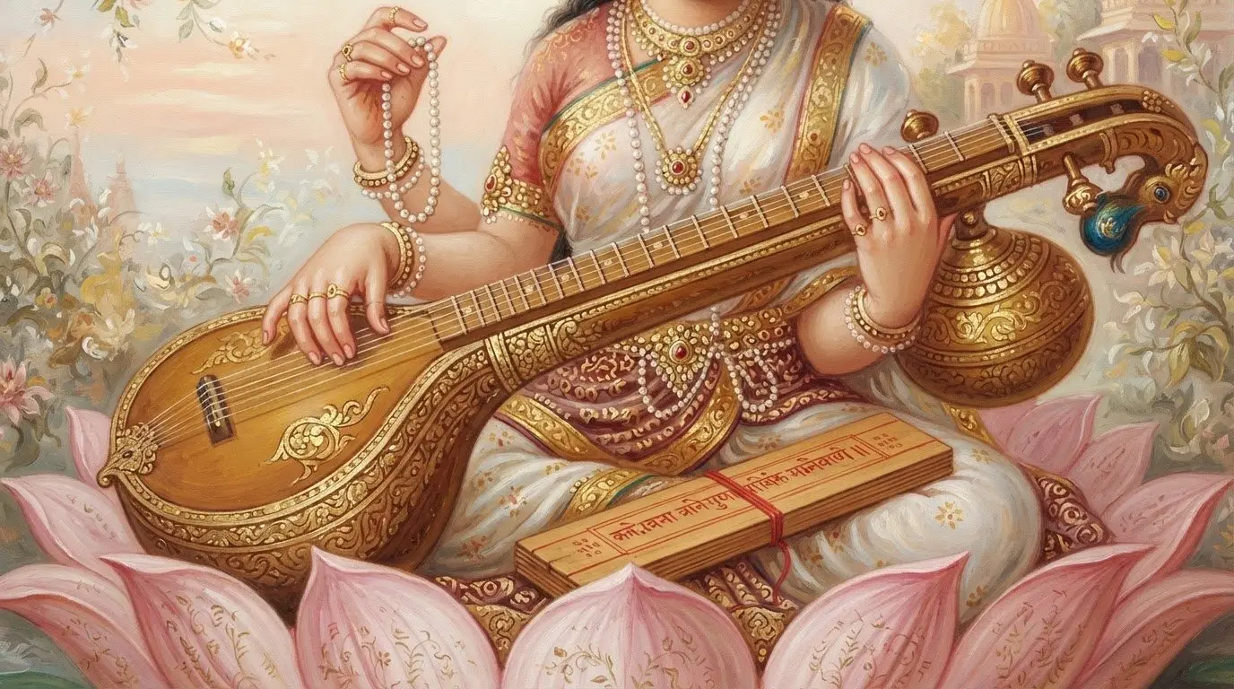 Goddess Saraswati, deity of knowledge, music and the arts - close-up darshan.