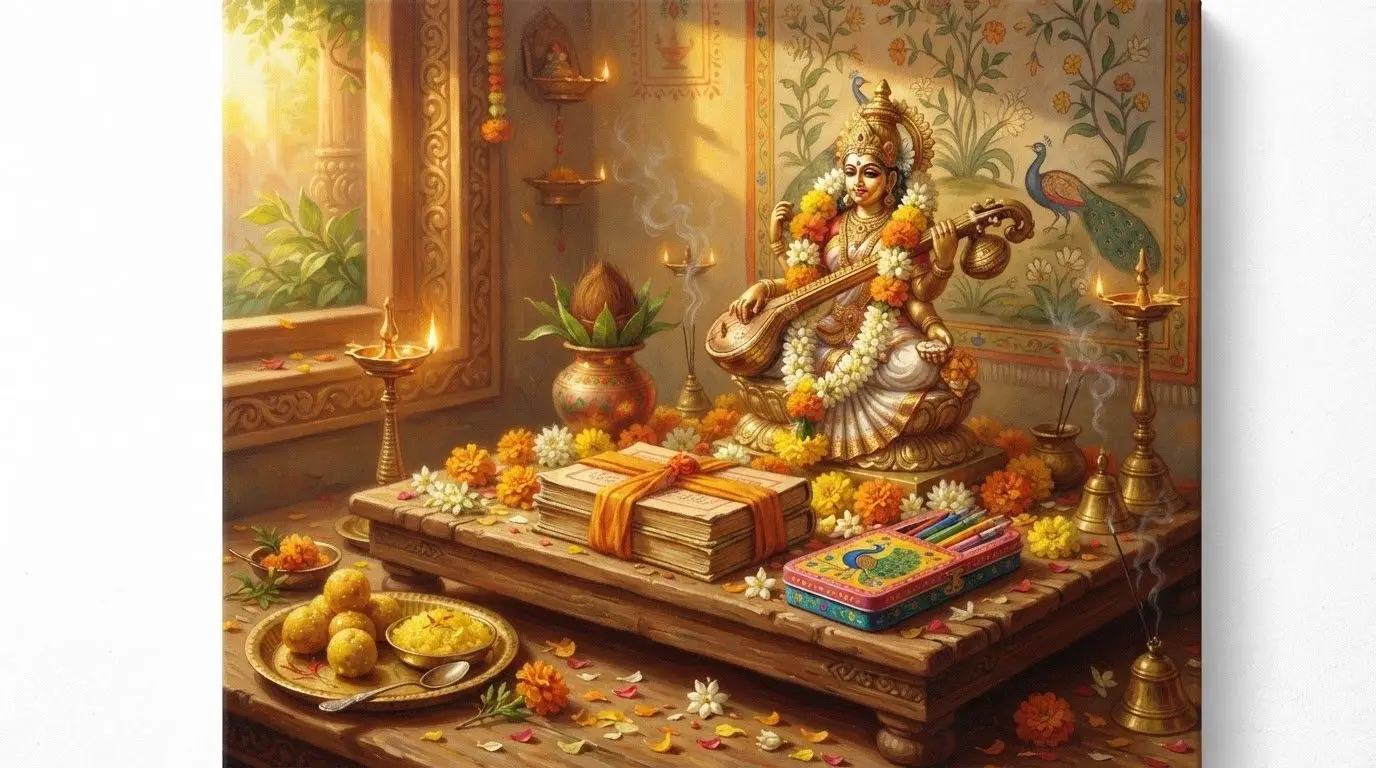 Goddess Saraswati, deity of knowledge, music and the arts - sacred symbolism.