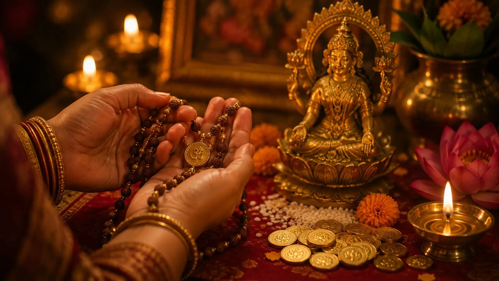 Hands holding a rudraksha japa mala with an Om coin before a brass Lakshmi idol and diya