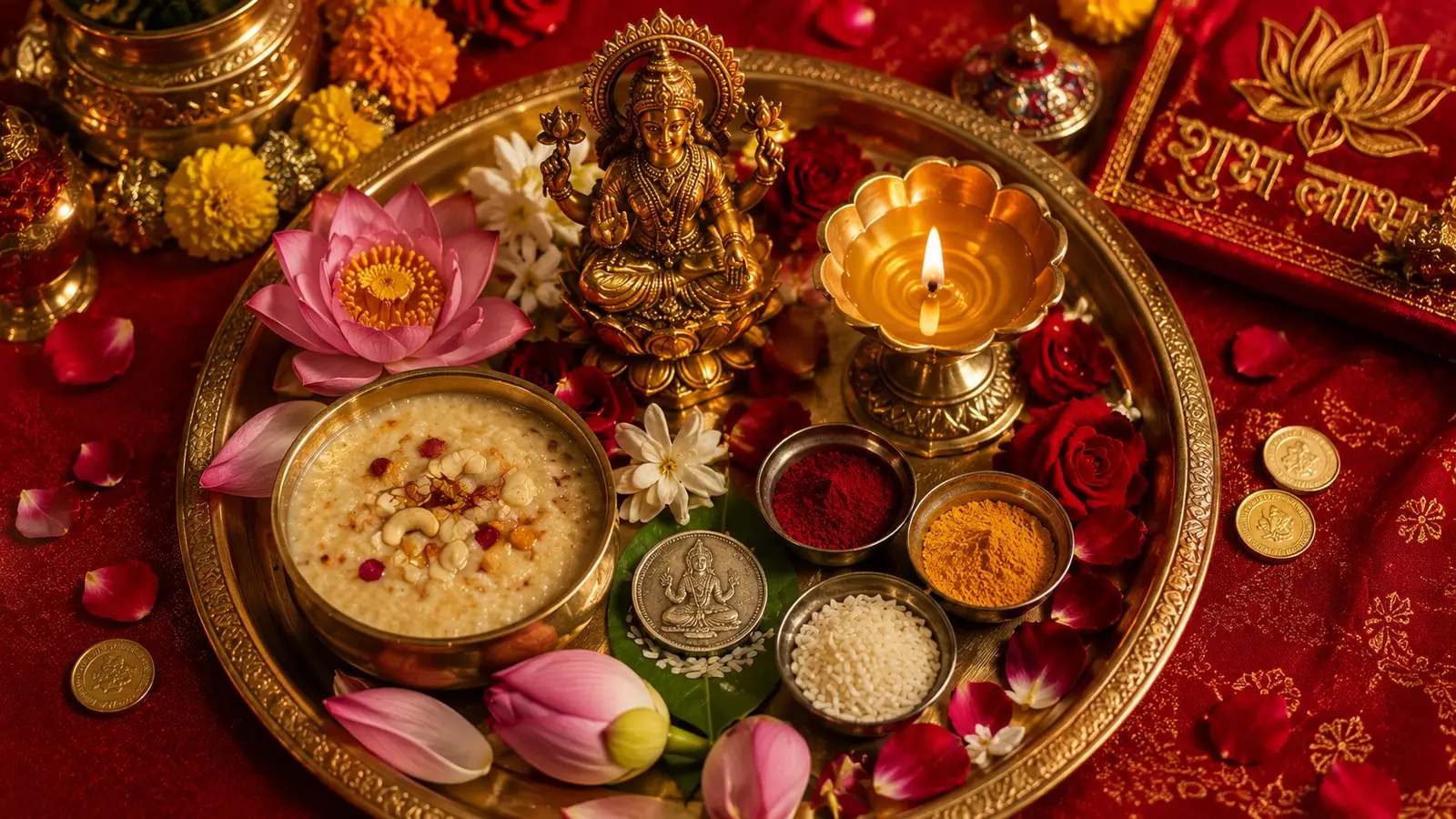 Traditional Lakshmi Puja thali with brass idol, diya, kheer, kumkum, turmeric, rice, lotus and silver coin