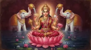 Goddess Mahalakshmi seated on a golden throne blessing a kneeling devotee