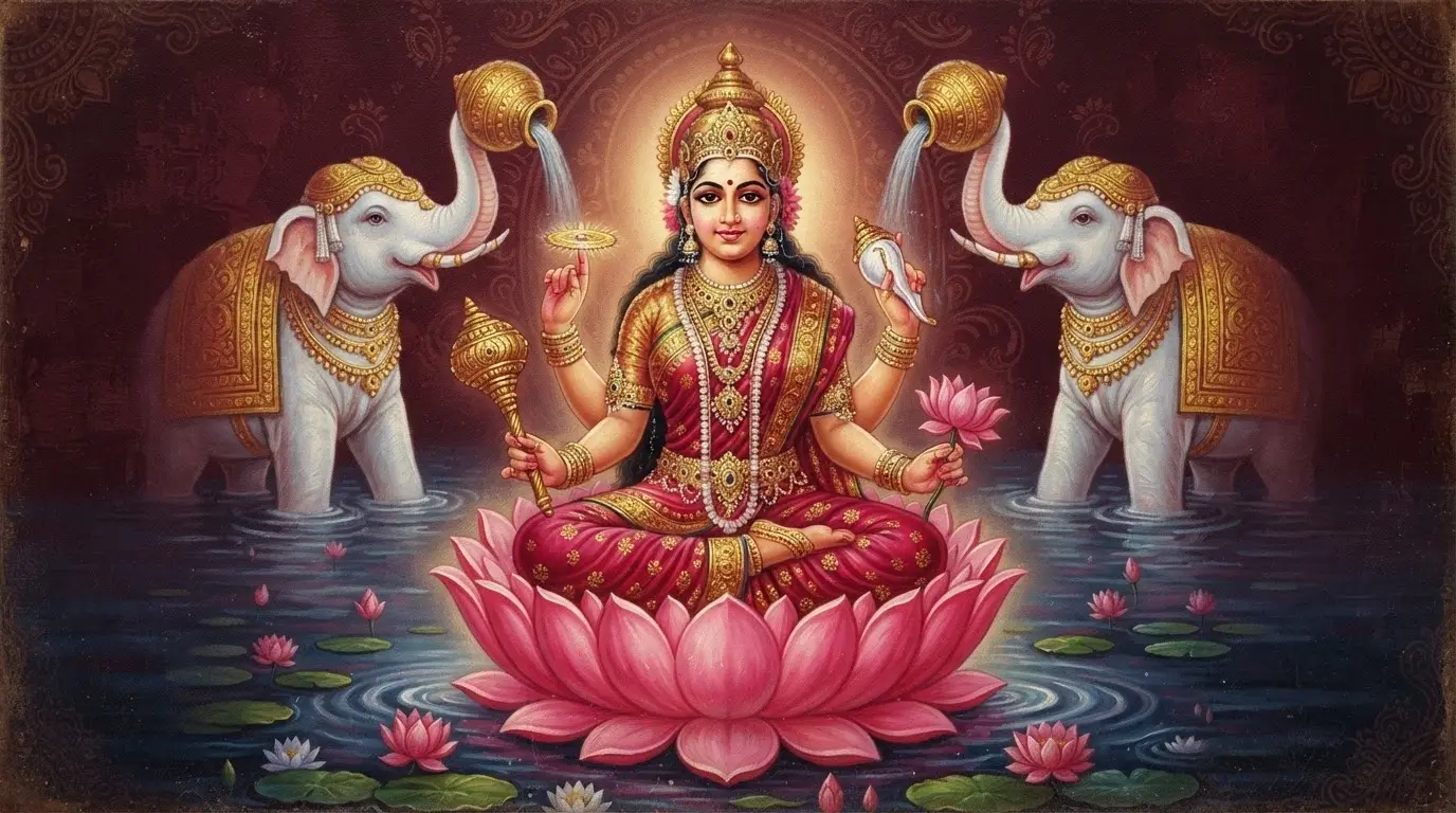 Goddess Mahalakshmi seated on a golden throne blessing a kneeling devotee