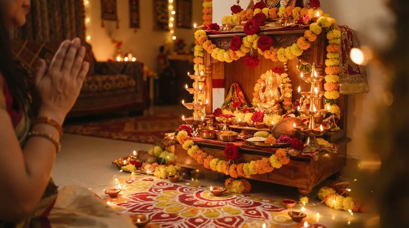 A Mahalakshmi brass idol on a home altar with a diya, coins and marigold garland