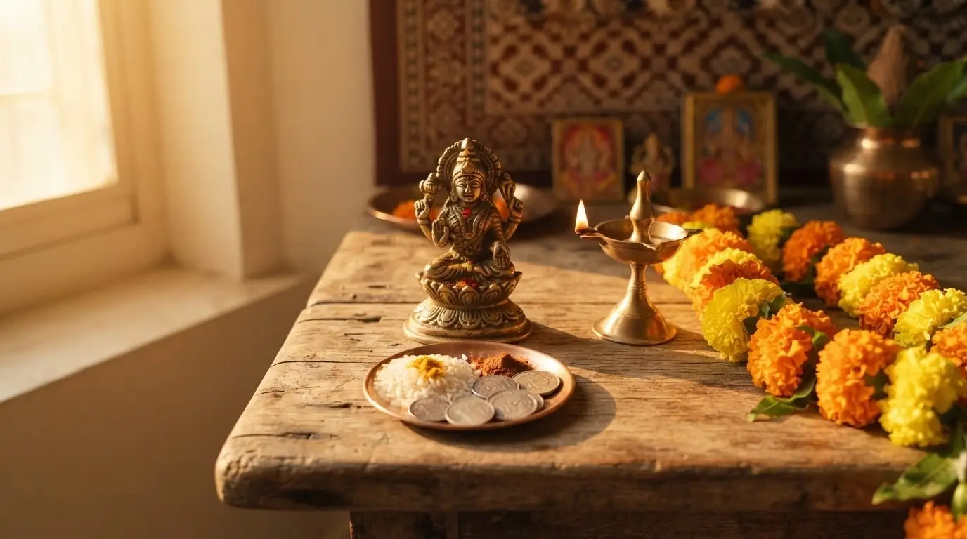 A devotee praying at a Diwali Lakshmi Puja altar lit with diyas and flowers