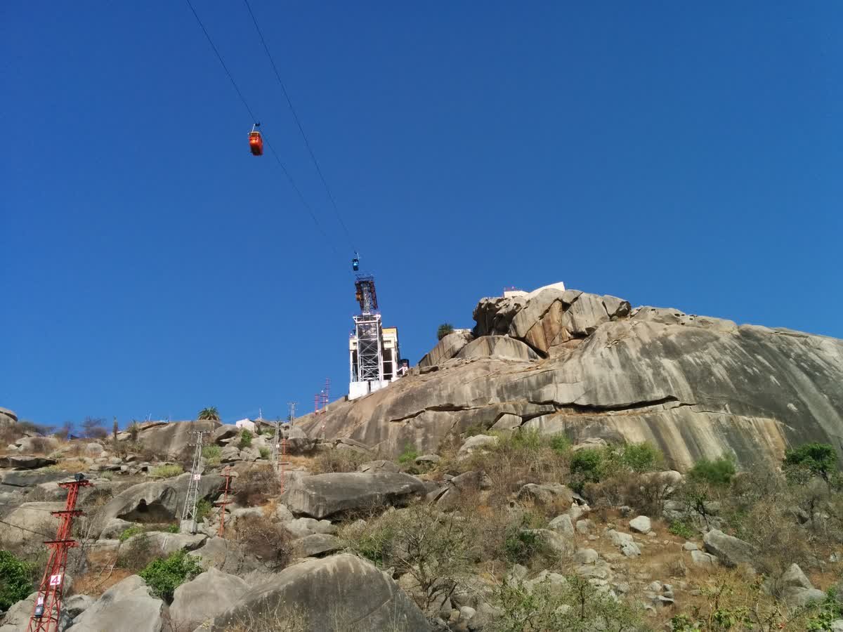 Gabbar hill near Ambaji with its hilltop temple and the ropeway cable
