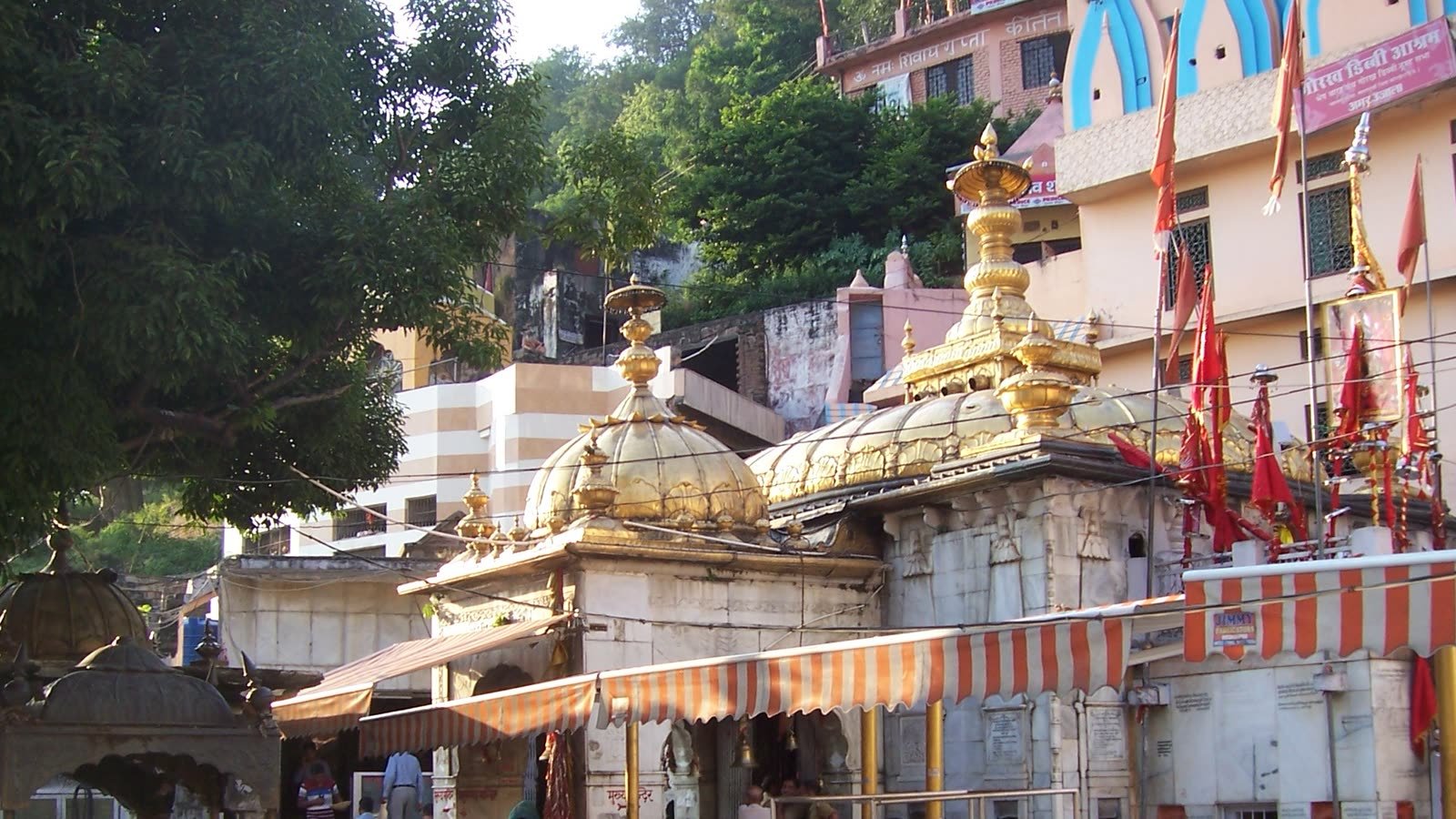 Golden domes of the Jwalamukhi temple rising above shops and buildings in Kangra district