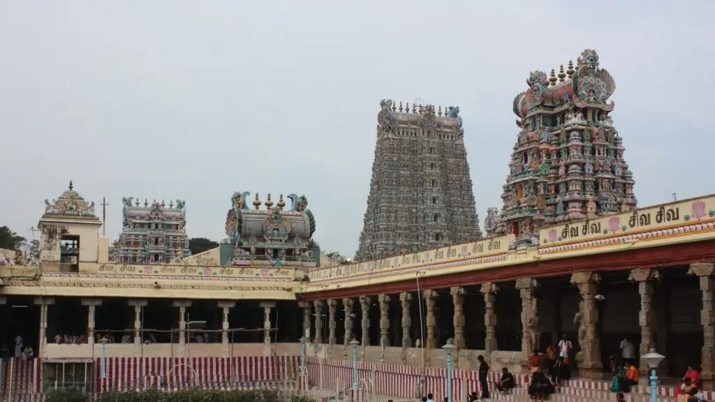West and north gopurams of Meenakshi Amman temple above the Golden Lotus tank, Madurai