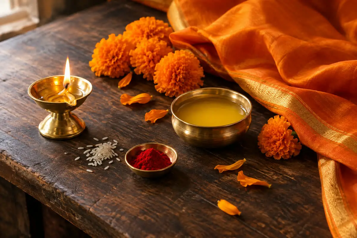Navratri Day 1 offering in orange: saffron silk, marigolds, a brass bowl of pure ghee and a lit brass diya on a wooden table