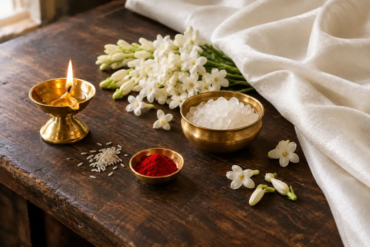 Navratri Day 2 offering in white: white silk, jasmine and tuberose, a brass bowl of sugar crystals and a lit brass diya