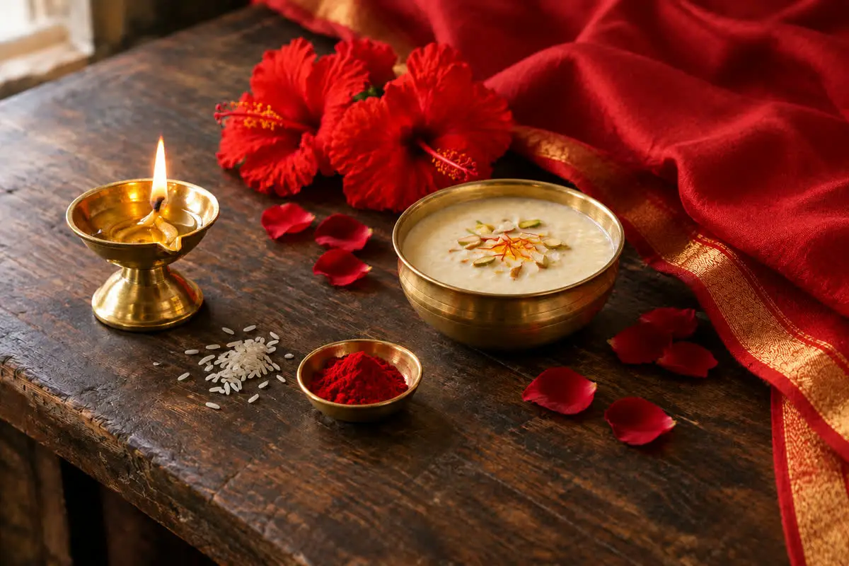 Navratri Day 3 offering in red: red silk, hibiscus flowers and rose petals, a brass bowl of kheer and a lit brass diya