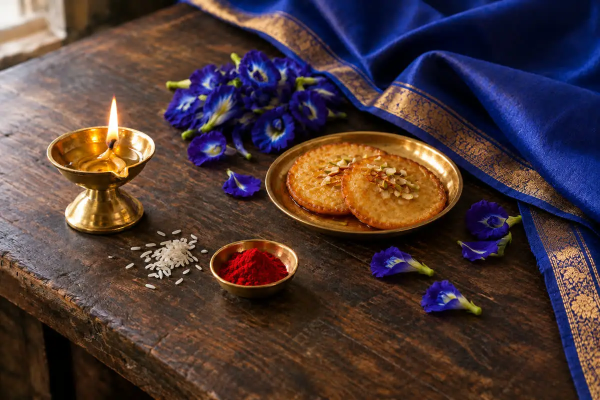 Navratri Day 4 still life: royal blue silk, malpua on a brass plate, a lit diya, rice and kumkum