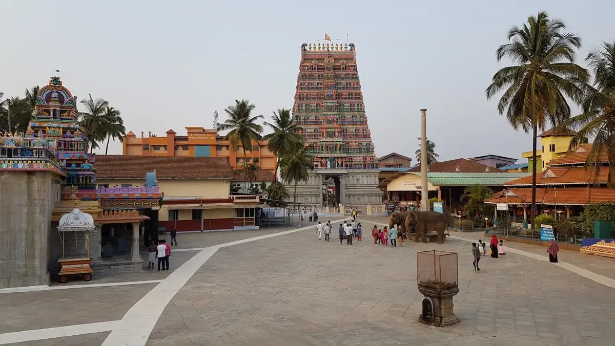 Colourful gopuram of the Sharadamba temple beyond the paved plaza at Sringeri